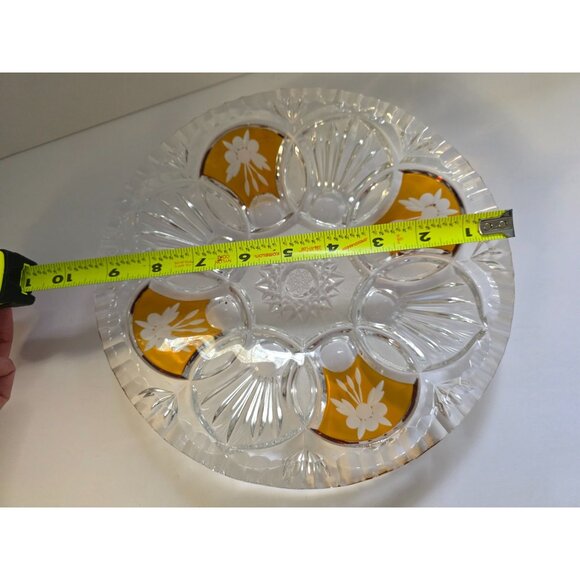Vintage Bohemian Amber Crystal Glass Serving Bowl Etched Floral - Picture 6 of 6